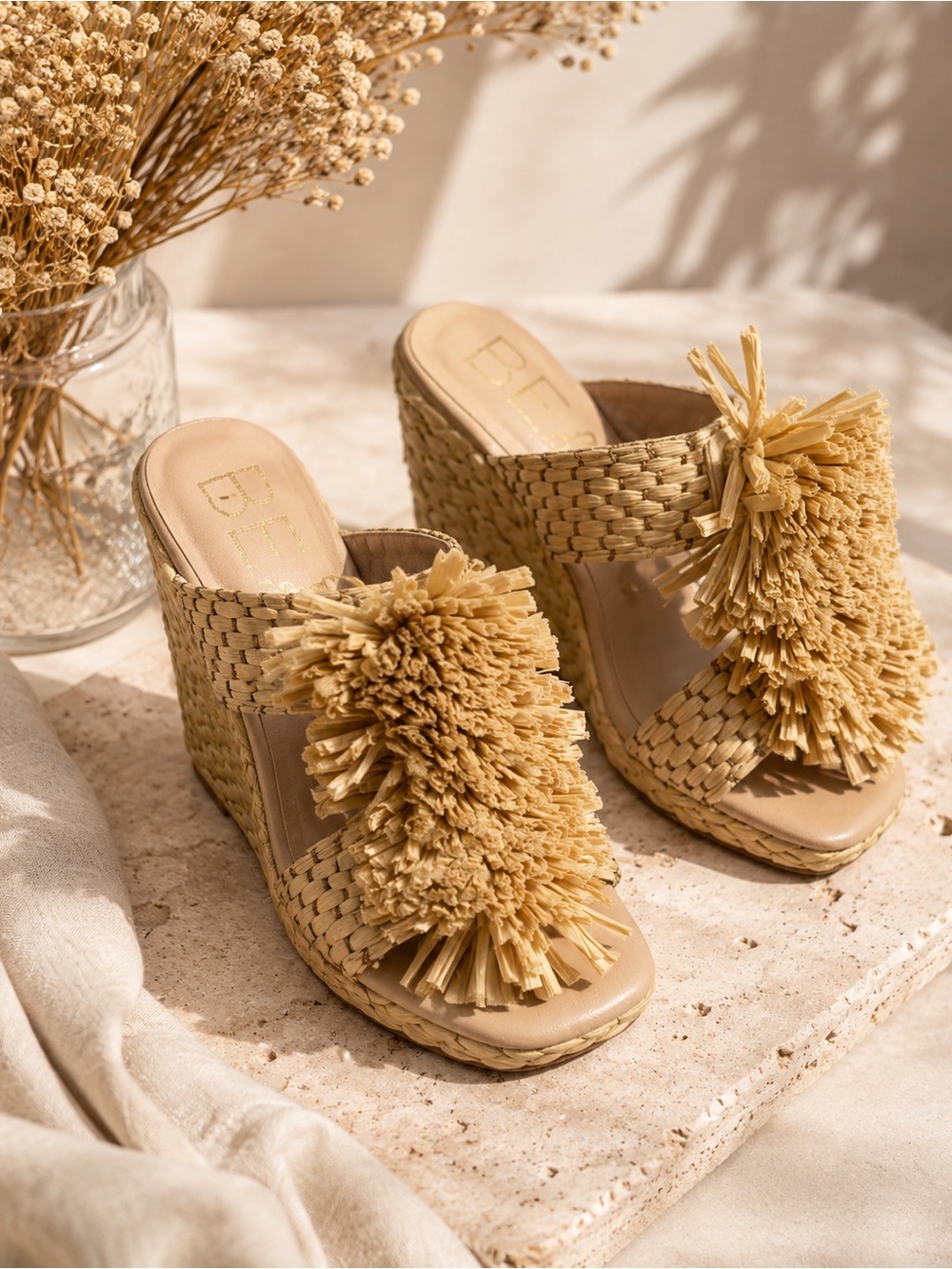 Melrose and Market Beige Woven Raffia Tassel Wedge Sandals